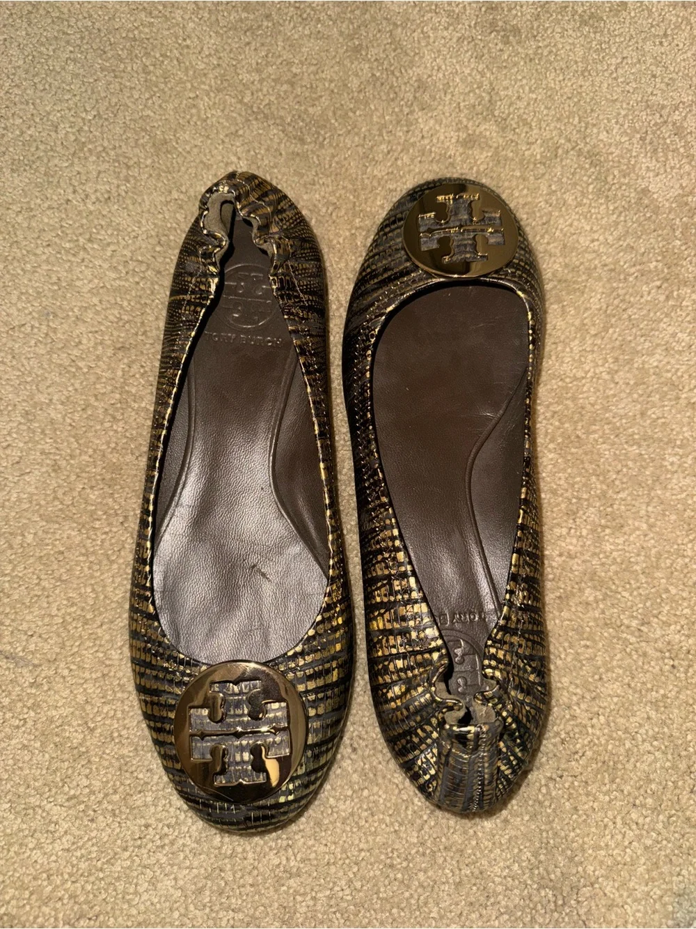 Tory Burch Black and Gold Textured Logo Ballet Flats